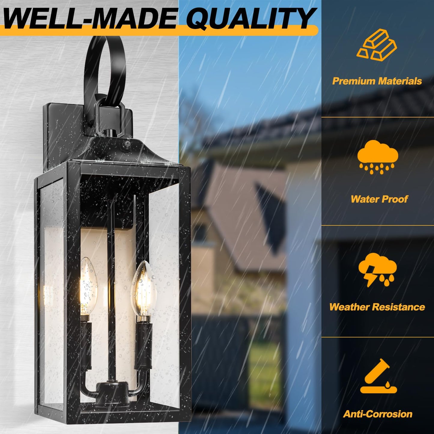 Black Dusk to Dawn Outdoor Wall Lantern 2-Light, 19" Large Modern Outdoor Wall Lights, Industrial Porch Lights Wall Mount with Tempered Glass, Waterproof Farmhouse Exterior Lighting Fixtures, 2 Packs