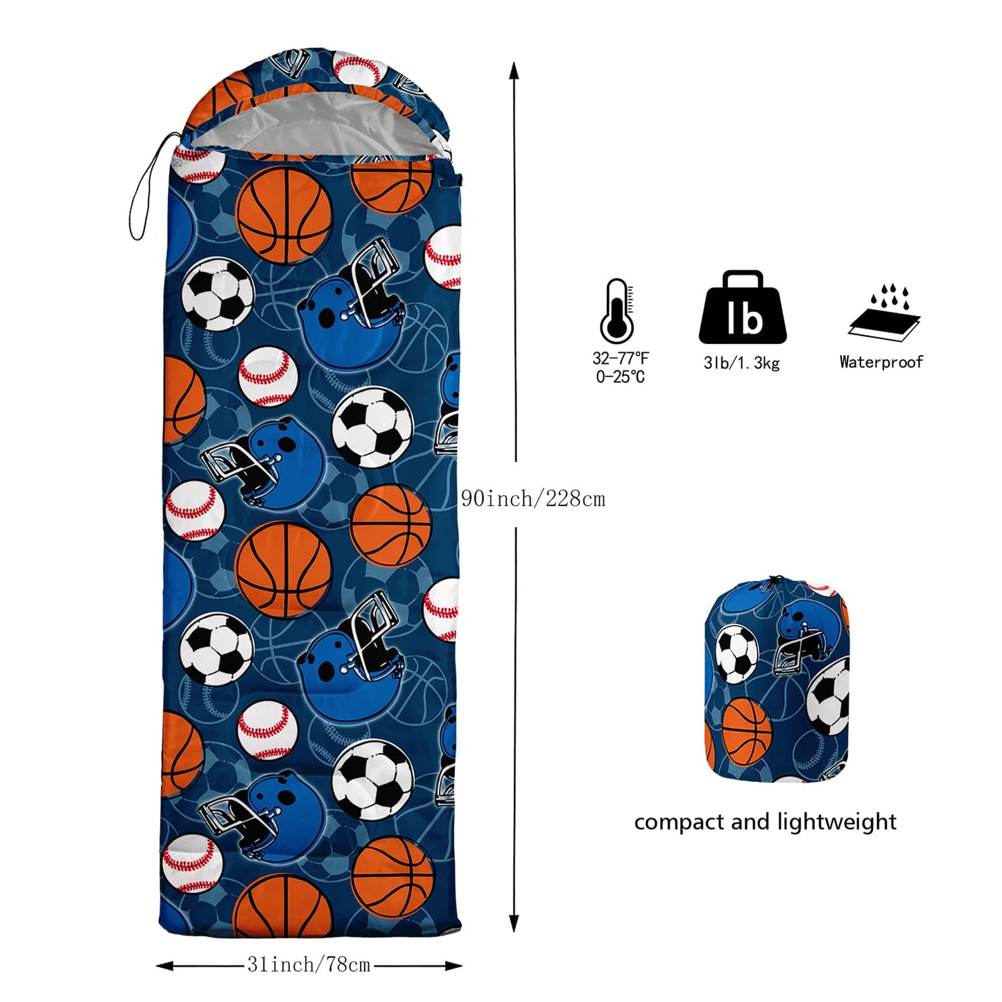 BSNTHO Sports Ball Camping Sleeping Bags,3 Season Warm & Cool Weather,Lightweight,Waterproof Sleeping Bags for Adults & Kids,Traveling,and Outdoors,Camping Gear Equipment,31x90inch