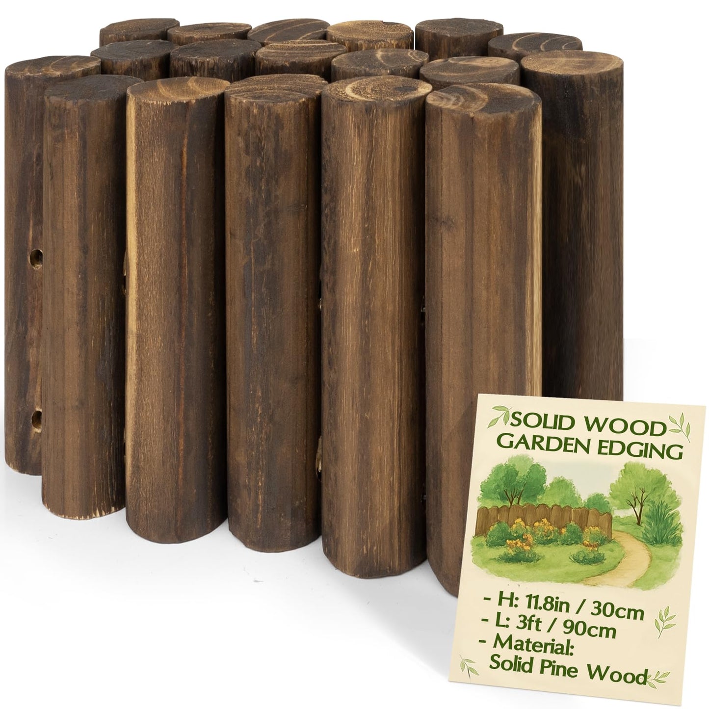 Wood Garden Edging for Landscaping, Round Log Fence Border for Flower Beds, Heavy-Duty Carbonized Pine with Rustic Look, Pre-Connected Natural Logs for Outdoor Paths and Lawns (11.8" H x 35" L, 1Pack)
