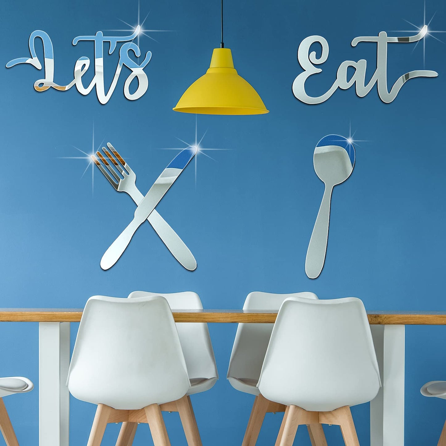 4 Pcs Let's Eat Sign Kitchen Wall Decor Acrylic 3D Mirror Wall Sticker Fork Spoon Knife Eat Sign Cutout Kitchen Decal Decoration Removable DIY for Restaurant Dining(Elegant Style)