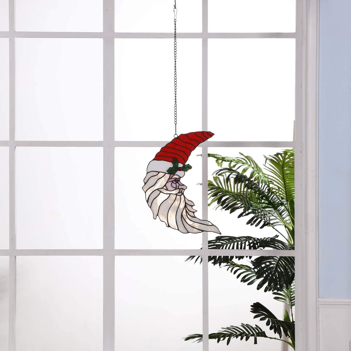 Bieye W10019 Santa Claus Head Moon Tiffany Style Stained Glass Window Panel with Hanging Chain, 11" W x 15" H