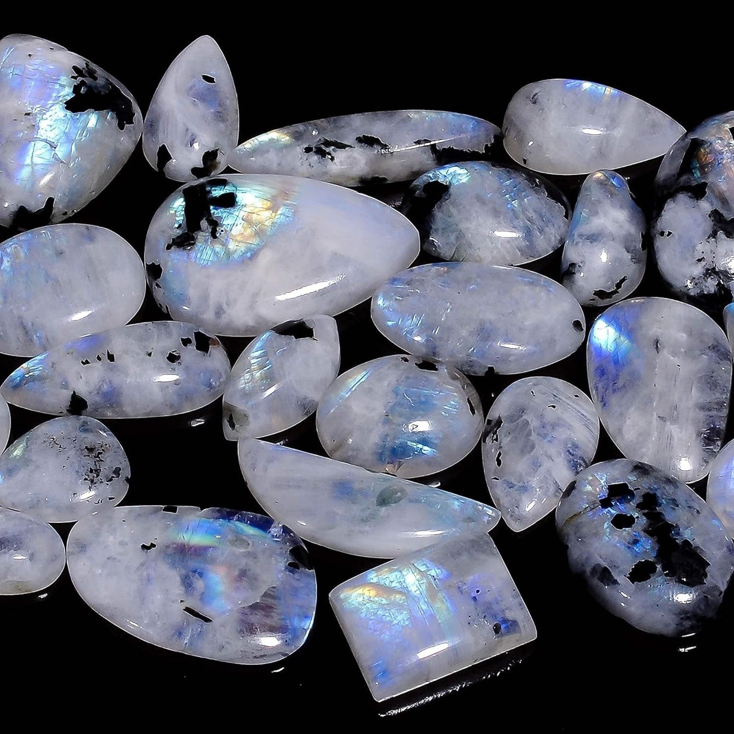Natural 5, 4 & 3 Pcs Gemstones Cabochons Lot (15–30 MM), Multi Shape Stones for Jewelry Making Supplies Healing Crystals Gems Loose Gemstones (Tourmilated moonstone, 5pcs)