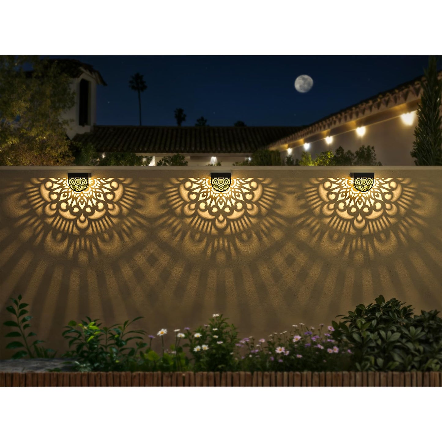 EKQ 6 Pack Solar Fence Lights Outdoor Wall Lights Black Plastic Solar Powered Deck Step Stair Lights Mandala Theme Waterproof Fence Solar Light for Garden Post Patio Backyard Yard Decor