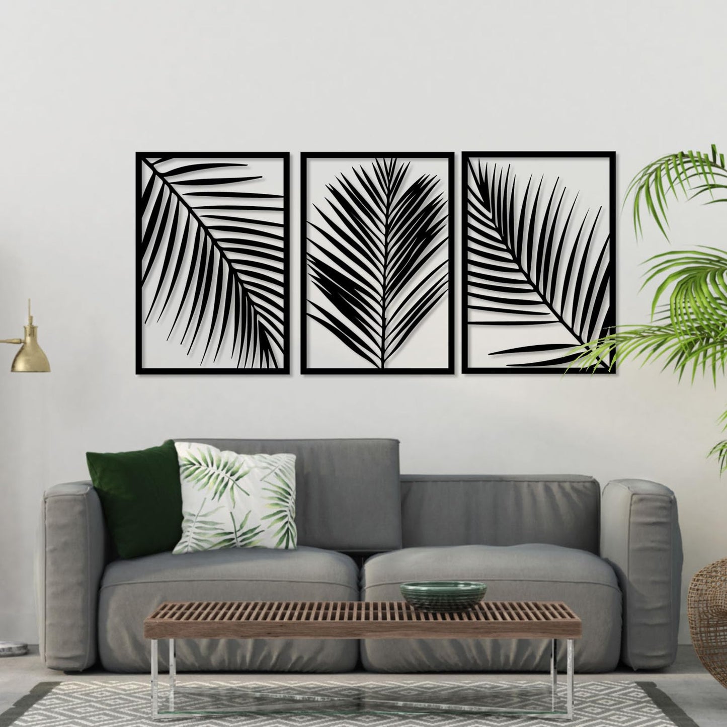 Gasijet Metal Palm Leaves Wall Decor, Metal Leaves Wall Decor, Palm Leaf Art, Line Art Nature Plant Wall Art, Set of 3, Wall Decorations for Living Room, Bedroom (White, 39 x 19 in / 96 x 47cm)