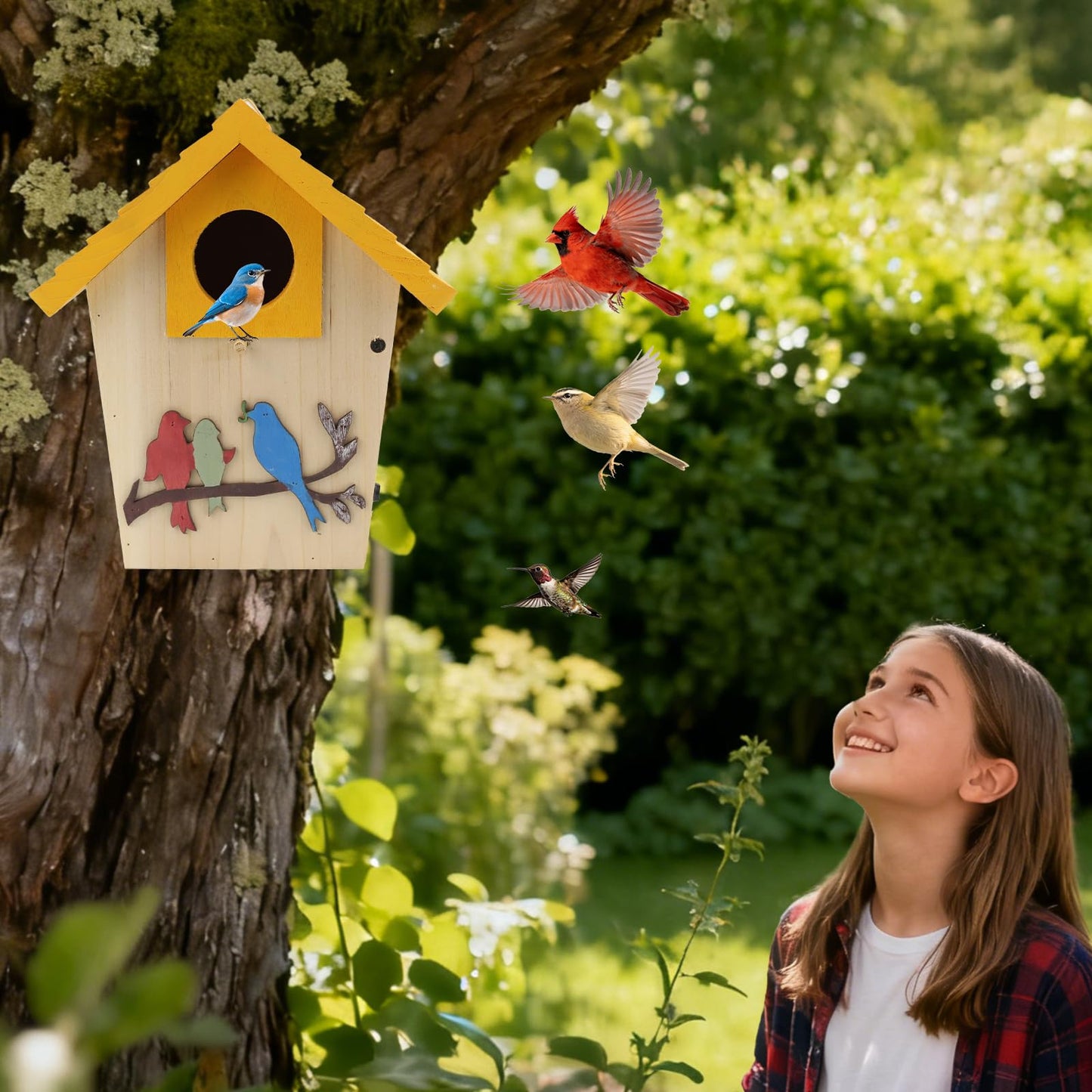 Wooden Bird Houses Bird House for Outside,Yellow Wood Bird House for Outdoors, 1.5" Entrance Hole Bird Houses for Garden Blue Bird Hummingbird Wren Cardinal Swallow Sparrow Finch