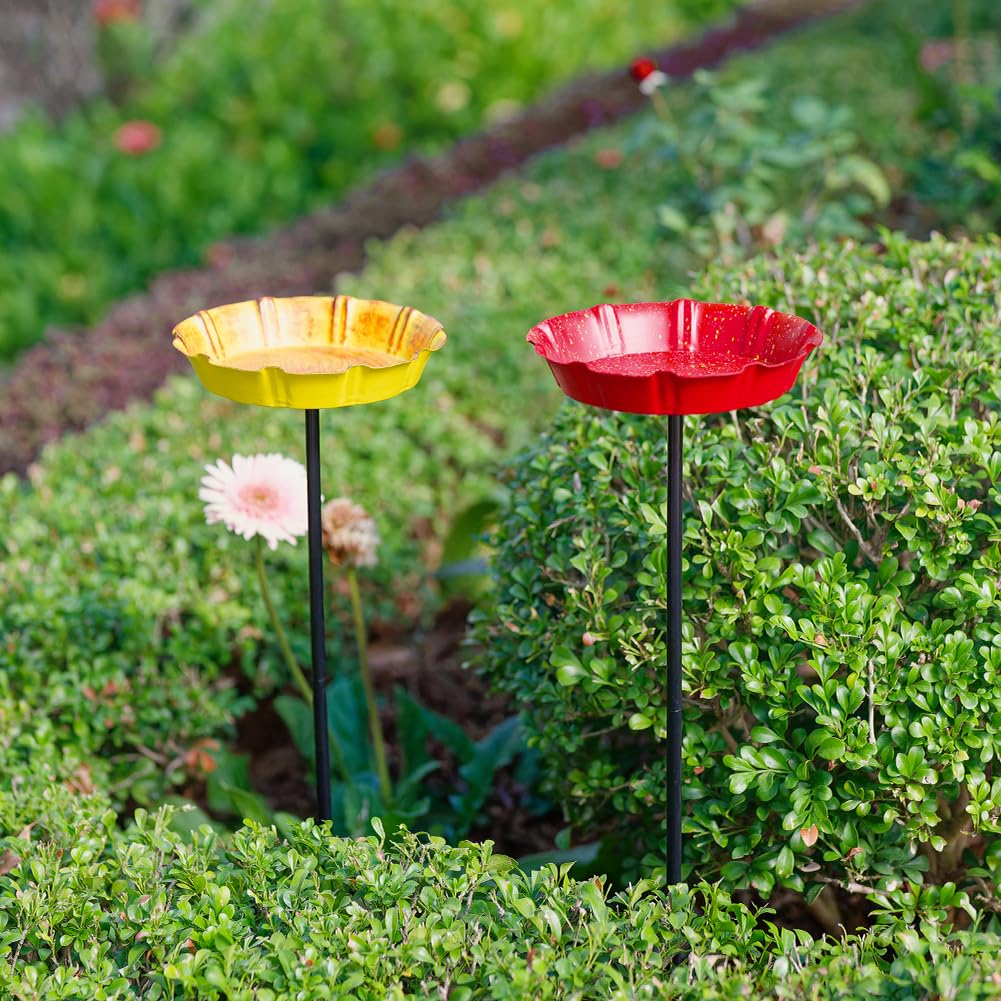DREAMSOUL 2 PCS Bird Bath with Stake, Metal Bird Baths for Outdoors Garden Birdbath for Yard Garden Lawn Decor (Red & Yellow)