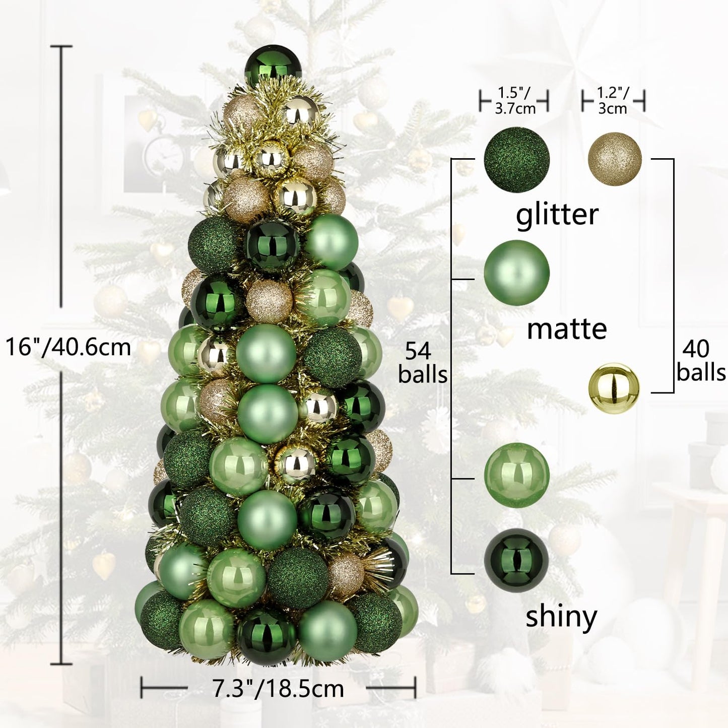 16" Tabletop Christmas Tree Small Green Gold Christmas Tree Decorations with 94 Shatterproof Ornaments Balls Christmas Centerpiece Mini Cone Xmas Tree for Holiday Party Wedding Table Desk Mantel Decor