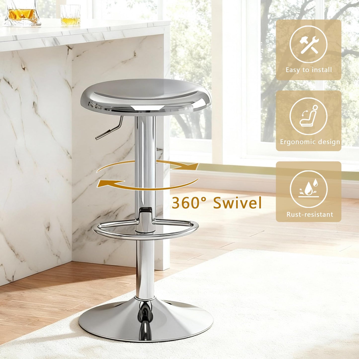 CAROLMADE Bar Stools Set of 2, Adjustable Metal Bar stools Swivel Counter Height Stool Backless Barstools for Kitchen Island Pub, Chrome