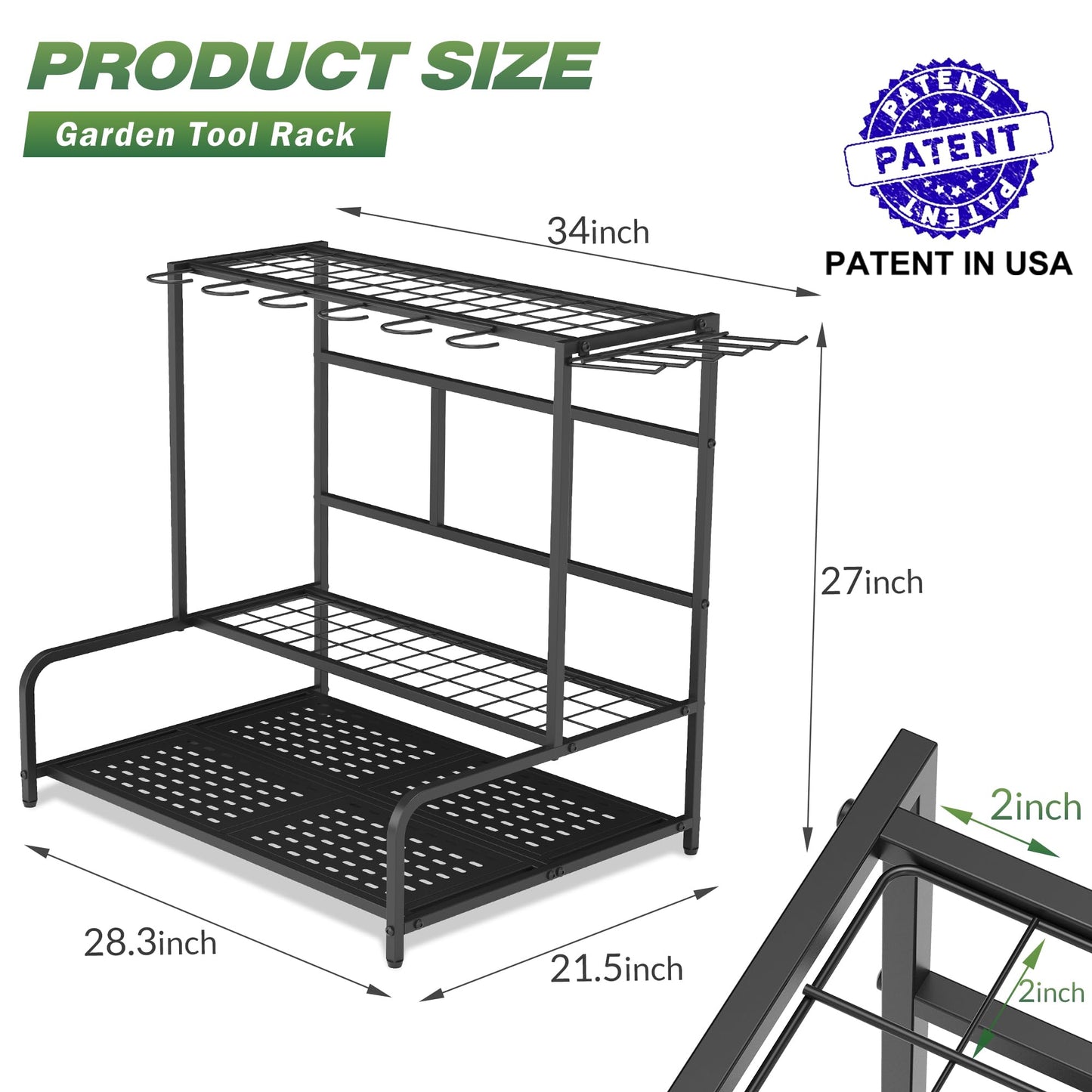 Sttoraboks Garden Tool Organizer Rack Up to 39 Tools, Heavy-Duty Steel Yard Tool Organizer for Garage Storage with 12 Hooks, Broom Holder & Garden Tool Rack for Shed, Patio, Outdoor Storage, Black
