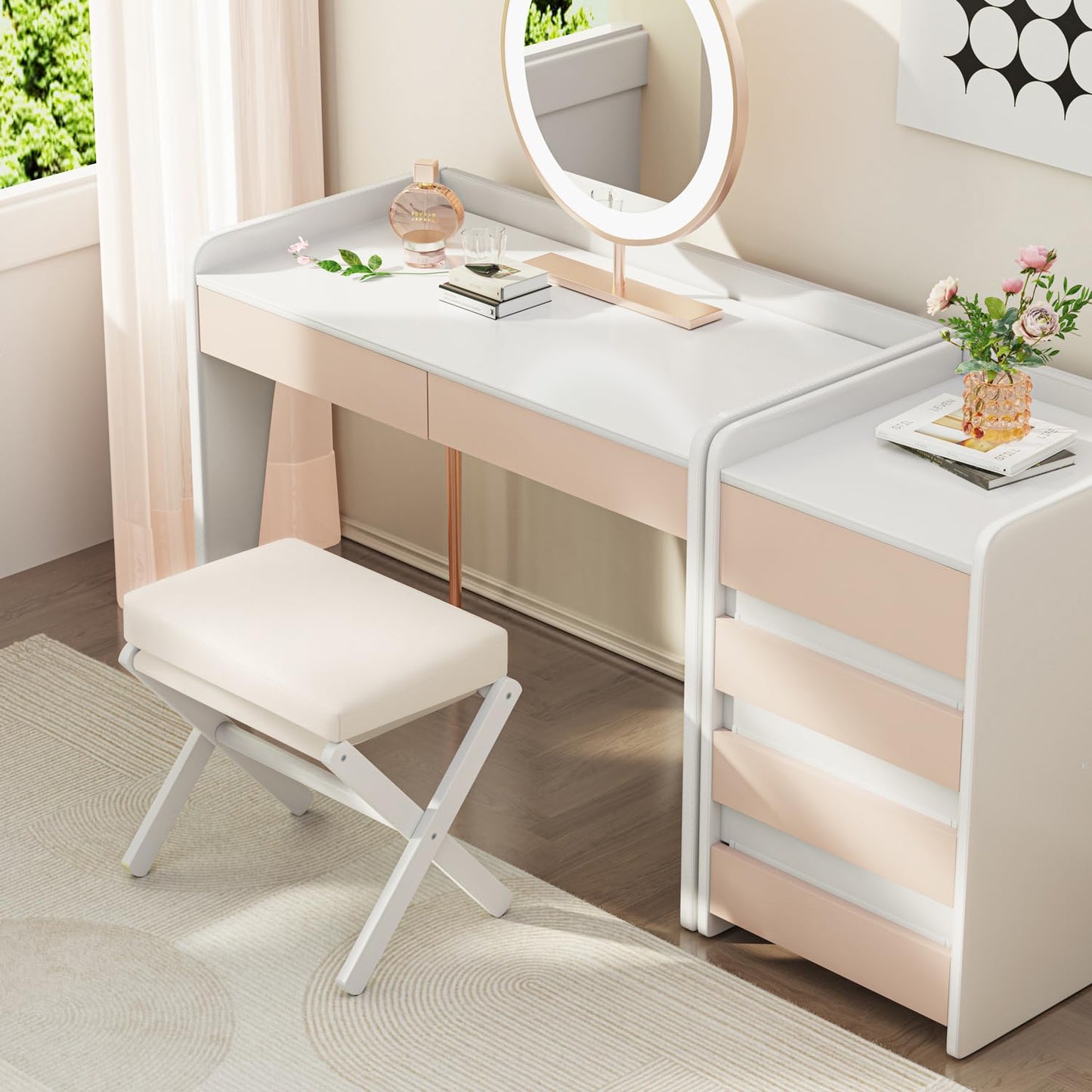 BAMBOOHOMIE Foldable Foot Stool Ottoman, Modern Foot Rest with Bamboo X Legs & Thick Foam Cushion, Folding Foot Stools Small Padded for Bedroom Living Room, Footstool for Chair Couch (White - White)