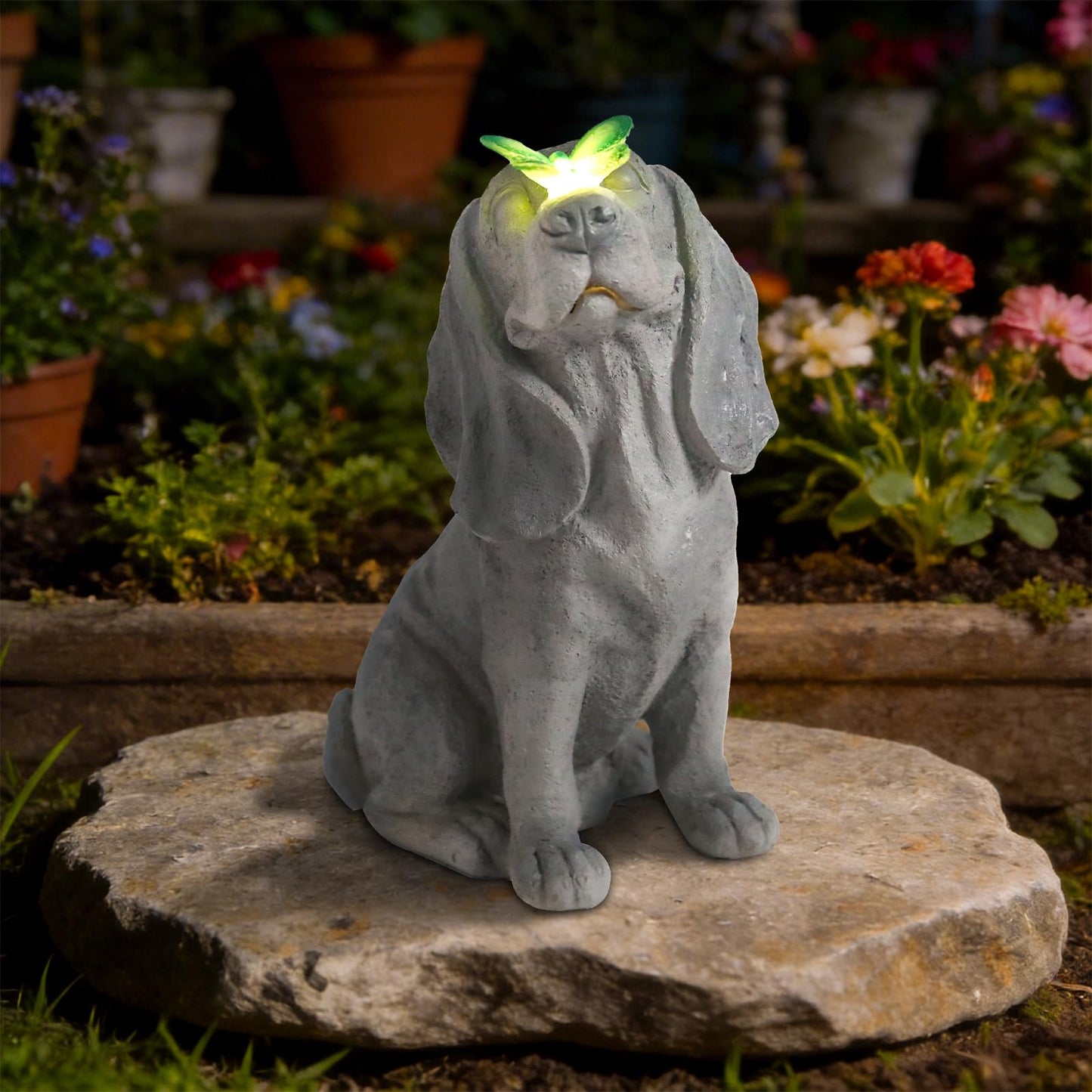 Ovewios Garden Statue Dog Figurines - Outdoor Dog Statue with Solar Butterfly Lights for Patio Yard Art Decor Balcony Lawn Ornament, Ideal Housewarming Gardening Gifts for Mom
