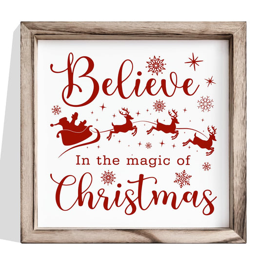 Christmas Wall Decor, Believe in the Magic of Christmas Quote Sign, Santa Sleigh Framed Wood Wall Accent for Cozy Living Room or Bedroom, MDF Holiday Hanging Plaque