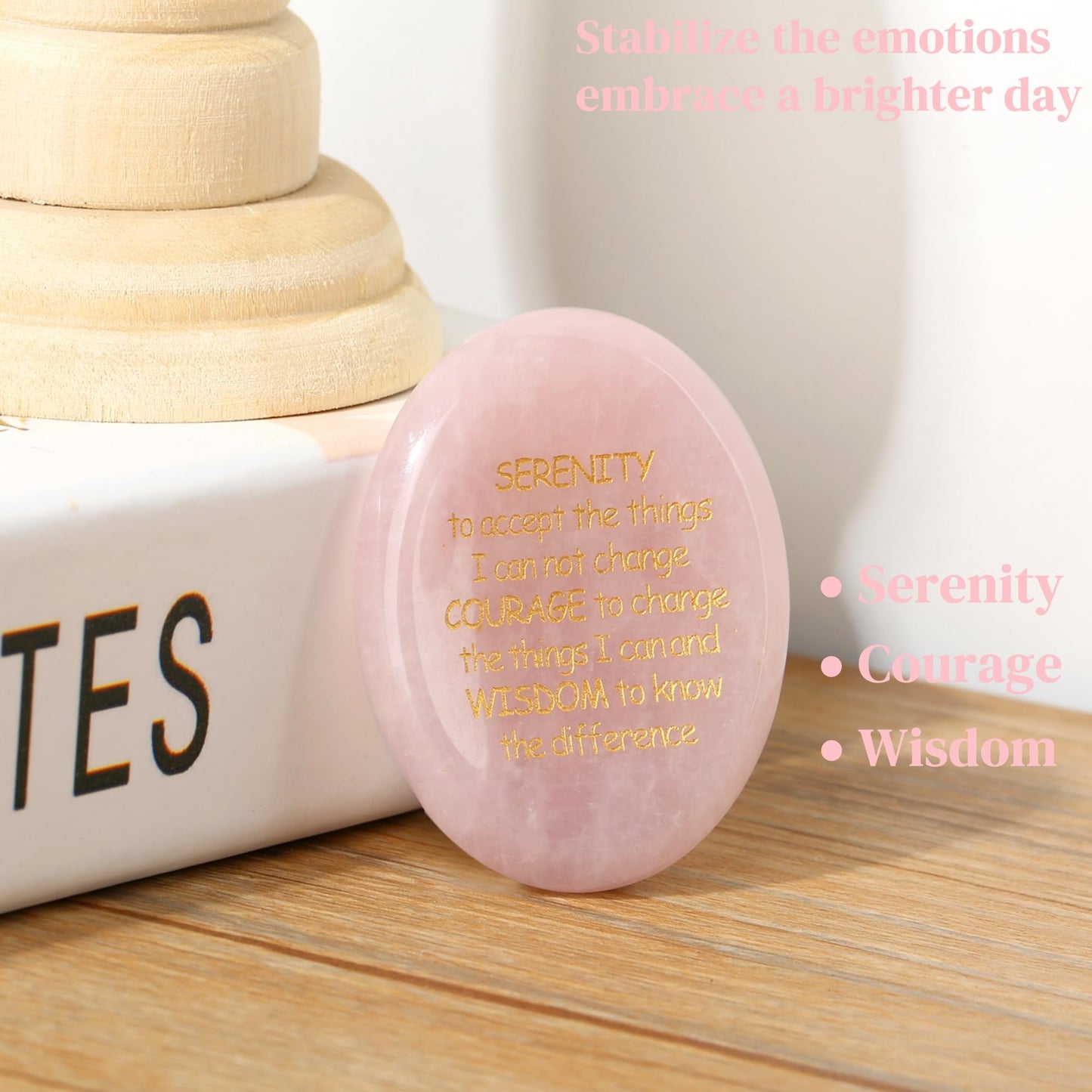 QINJIEJIE Serenity Prayer Rose Quartz Healing Crystal Thumb Stone Worry Stones Engraved Inspirational Stones Anxiety Relief Items Teacher Appreciation Encouragement Gifts for Women Mother