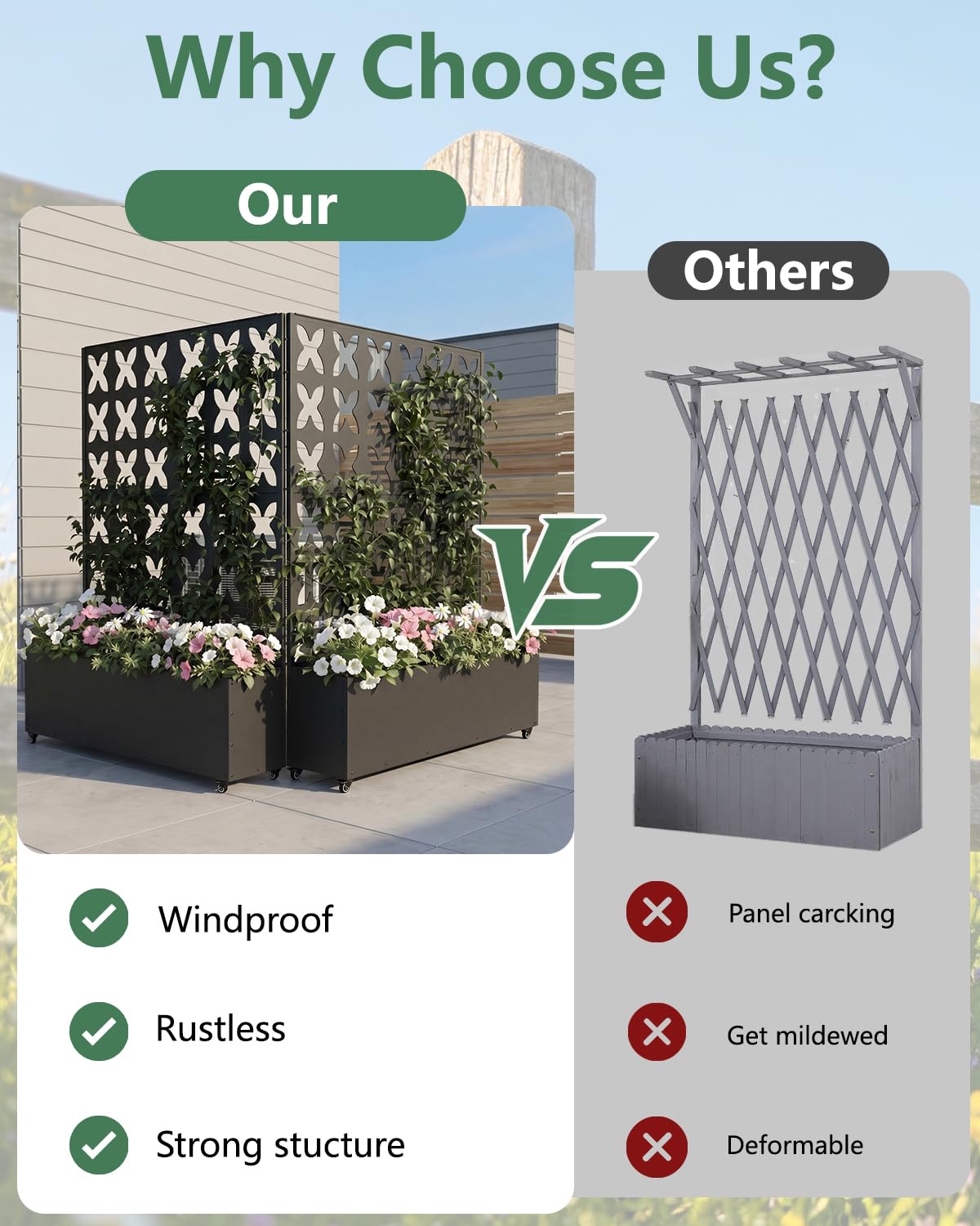FOLAWO 2PCS Metal Planter Box with Trellis,70.9"x47.2"x15.7" Raised Garden Bed with Drainage Holes, Privacy Planters for Outdoor Garden Bed for Climbing Plants,Vegetables,and Vines, Black-X