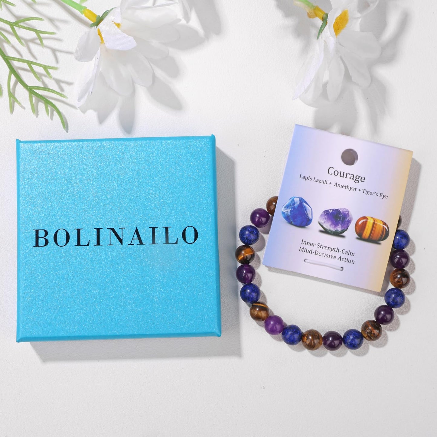 Bolinailo Healing Crystal Courage Bracelet 8mm Crystal Beaded Bracelet for Women Men Natural Stones of Lapis Lazuli, Amethyst and Tiger Eye Handmade Gemstone Reiki Spiritual Jewelry Gifts