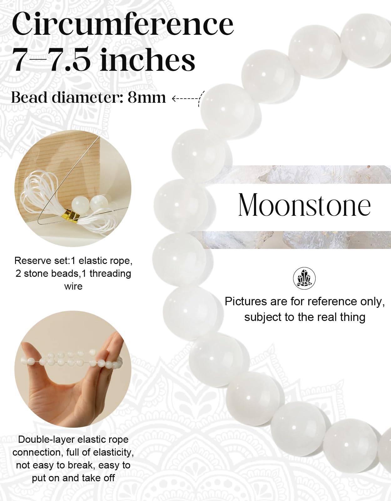 Landorilo Beaded Bracelet for Men Women, 8mm Natural Stone Moonstone Healing Crystal Stretch Bracelets, Ideal Christmas Birthday Jewelry Gifts with Energy Card，Replacement Beads Included