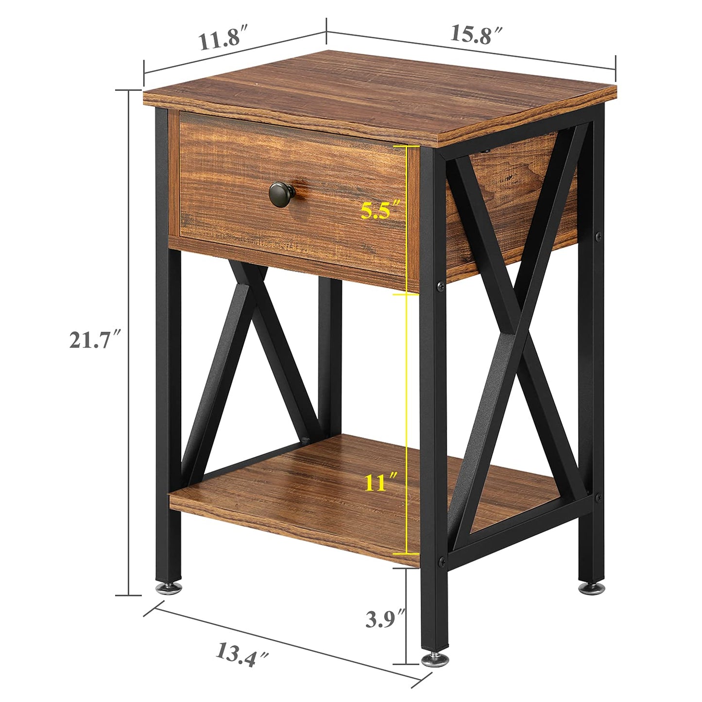 VECELO Nightstand,Modern Bedside End Table, Night Stand with Drawer and Storage Shelf for Living Room Bedroom, Industrial Metal Frame