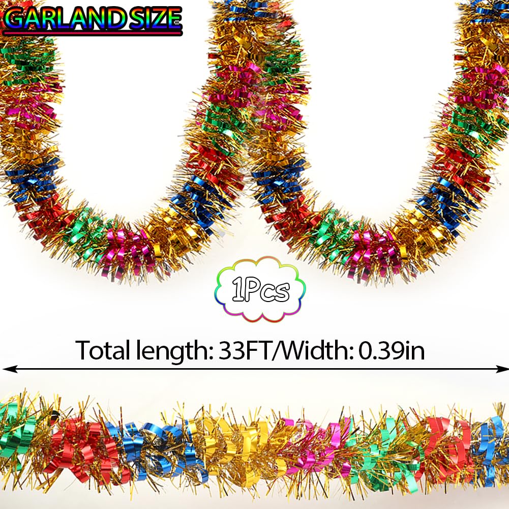 33Ft Christmas Tinsel Garland Shiny Thick Tinsel Decor Xmas Tree Decorations Metallic Twist Foil Garland for Birthday Teachers' Day Thanksgiving Day Indoor Outdoor Party Supplies - Colourful 2