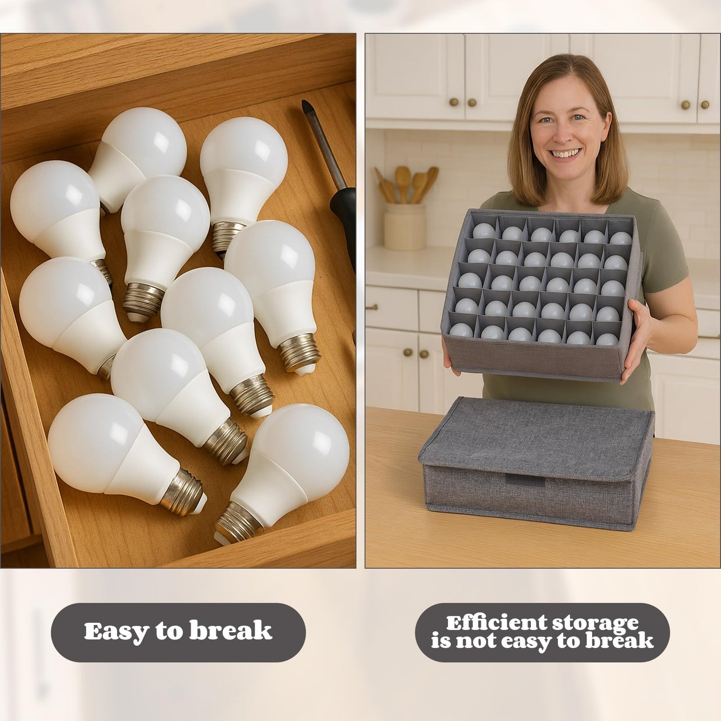Acellegic 1 Pcs Light Bulb Organizer Storage Box Ornament Storage with 30 Dividers Foldable Bulbs Organizer with Lid Sturdy PP Board Fits Various Standard Dustproof Fabric Case for Home Vbs (Grey)