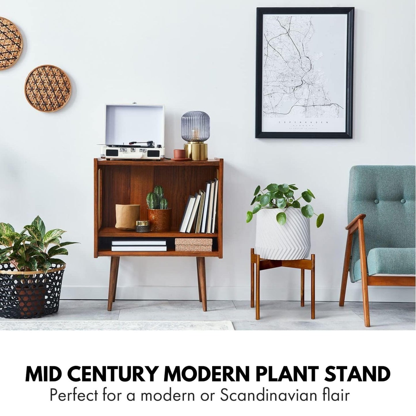 Fox & Fern Mid Century Plant Stand — 14.9 Inch Fixed Size Wooden Plant Stand for Indoor Planters (Not Included) - Extra Large Flower Pot Holder for Indoor Big Pots - Plug In Design - Acacia