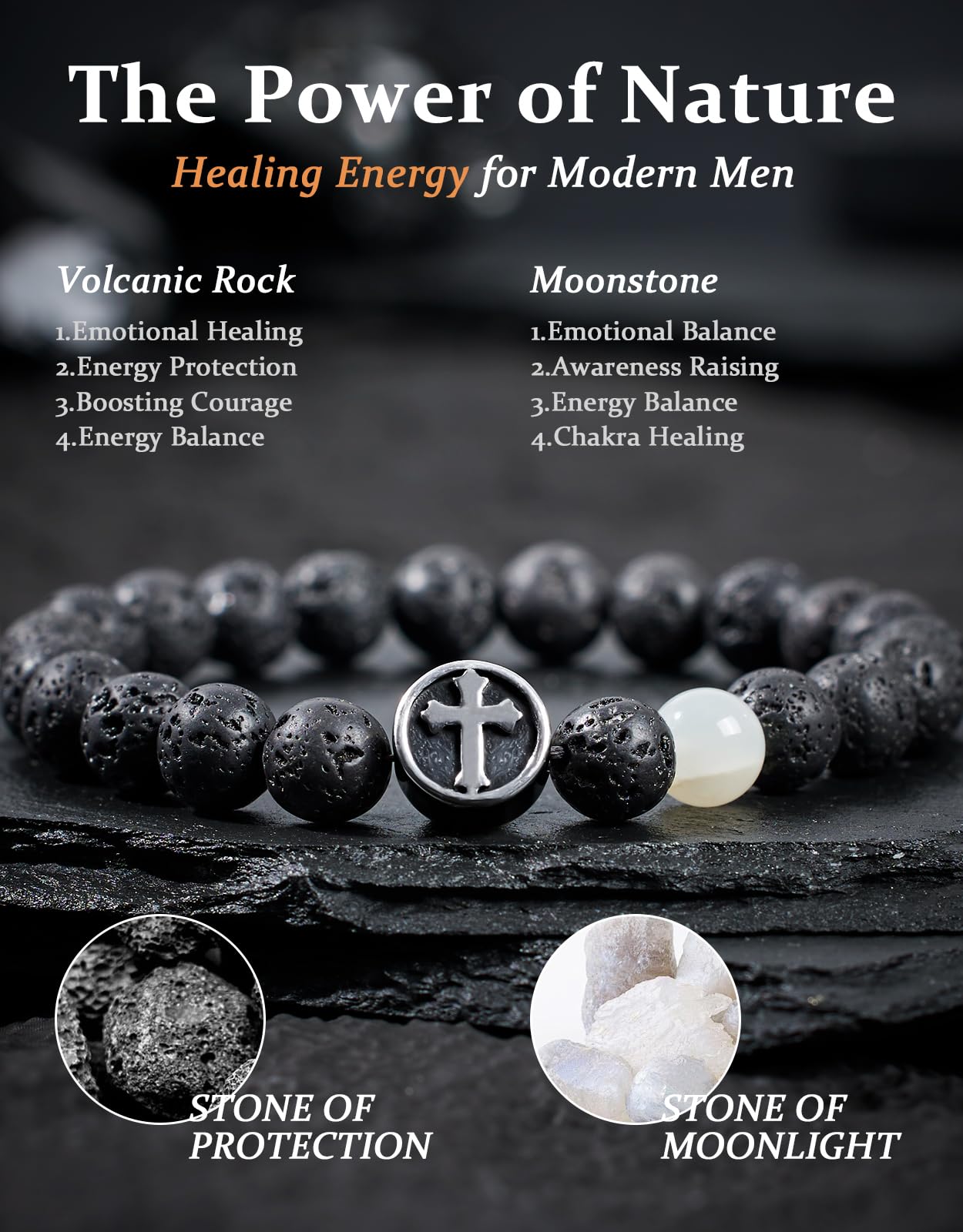 Landorilo Gifts for Men, 8mm Cross Natural Stone Beaded Bracelets, Volcanic Rock Healing Bracelet, Handmade Mens Jewelry Gift for Him, Husband, Son, Father, Friend(Happy Birthday-7.5in)