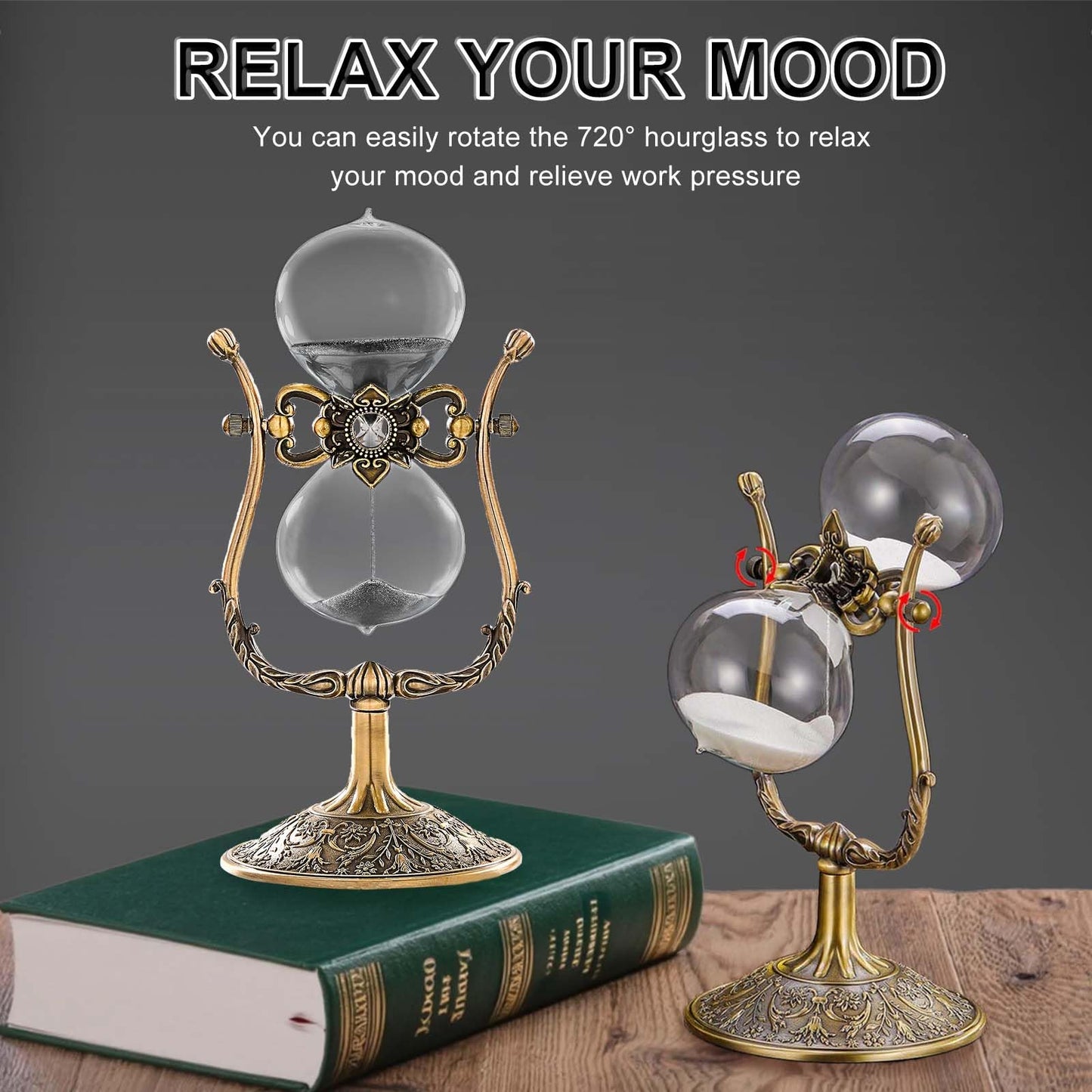 Vintage Engraving 30 Minute Hourglass, Rotating Sand Timer Clock, Unique Metal Sand Watch 30 Min, Antique Brass Hour Glass Sandglass for Home, Desk, Office(Black)