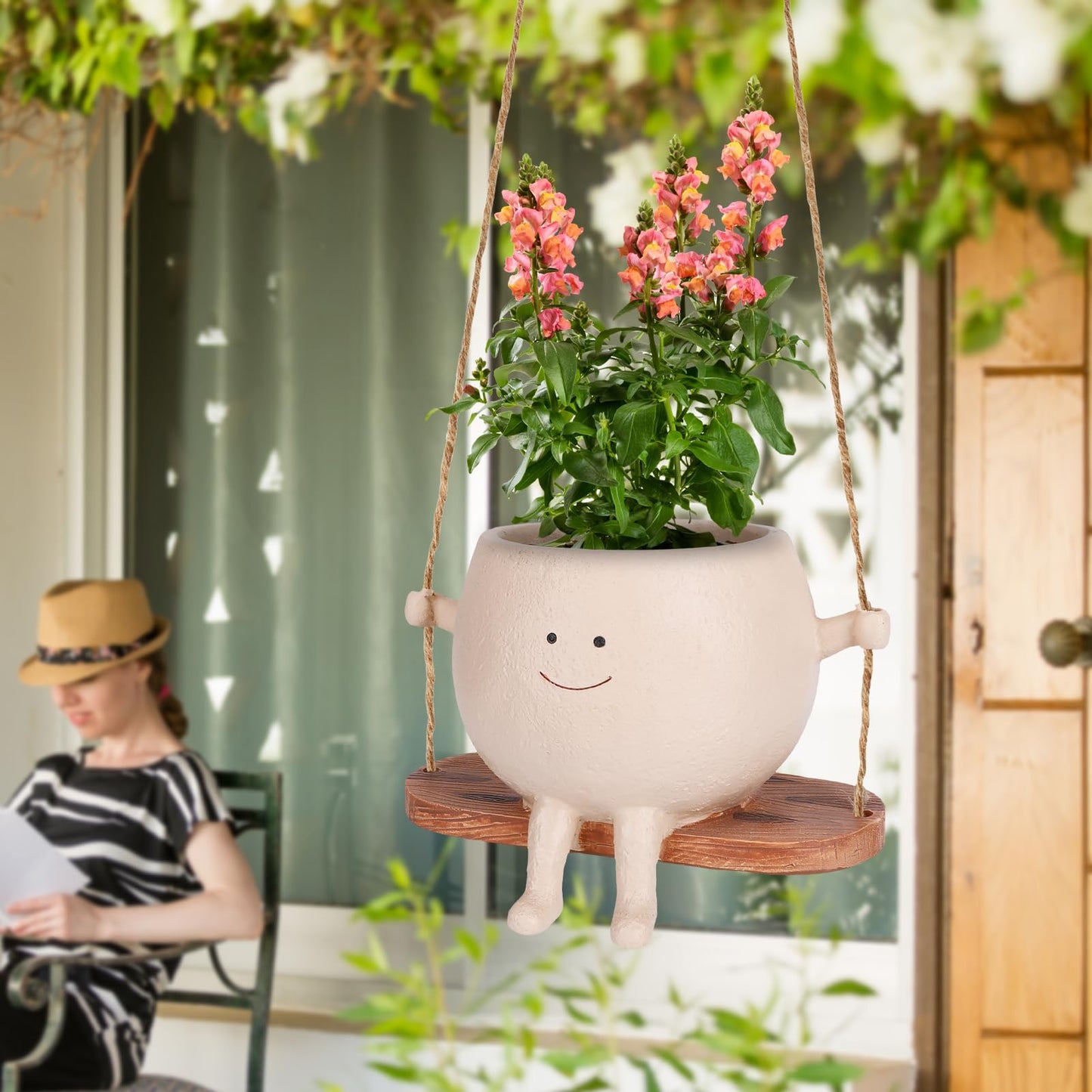 Boomluck Cute Smiley Face Hanging Planter Pot - Adorable Indoor/Outdoor Flower Plant Holder with Drainage Hole - Perfect for Home, Garden, Office Decor