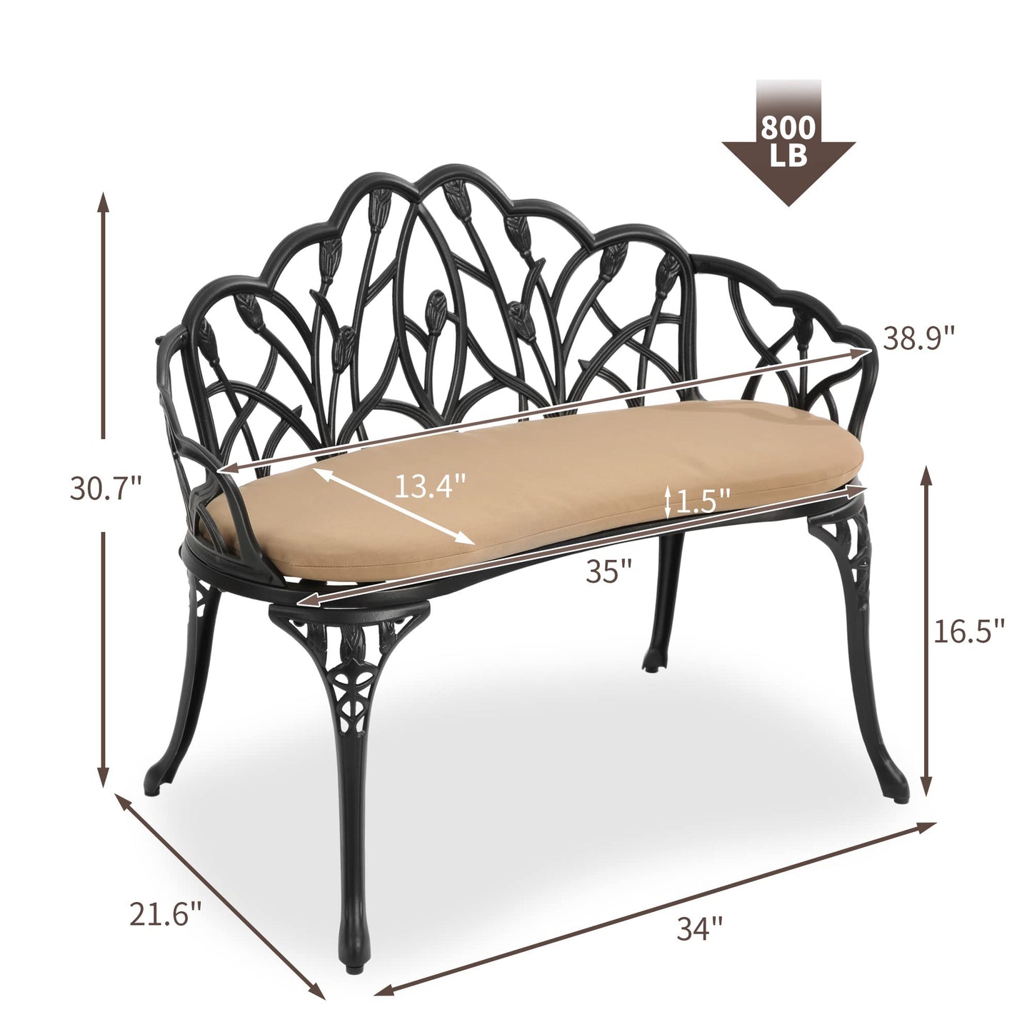 HOMEFUN Outdoor Patio Bench, Garden Benches with Cushion All-Weather Cast Aluminum Extra Loveseat for Lawn Front Porch Path Yard Decor Deck Furniture Black