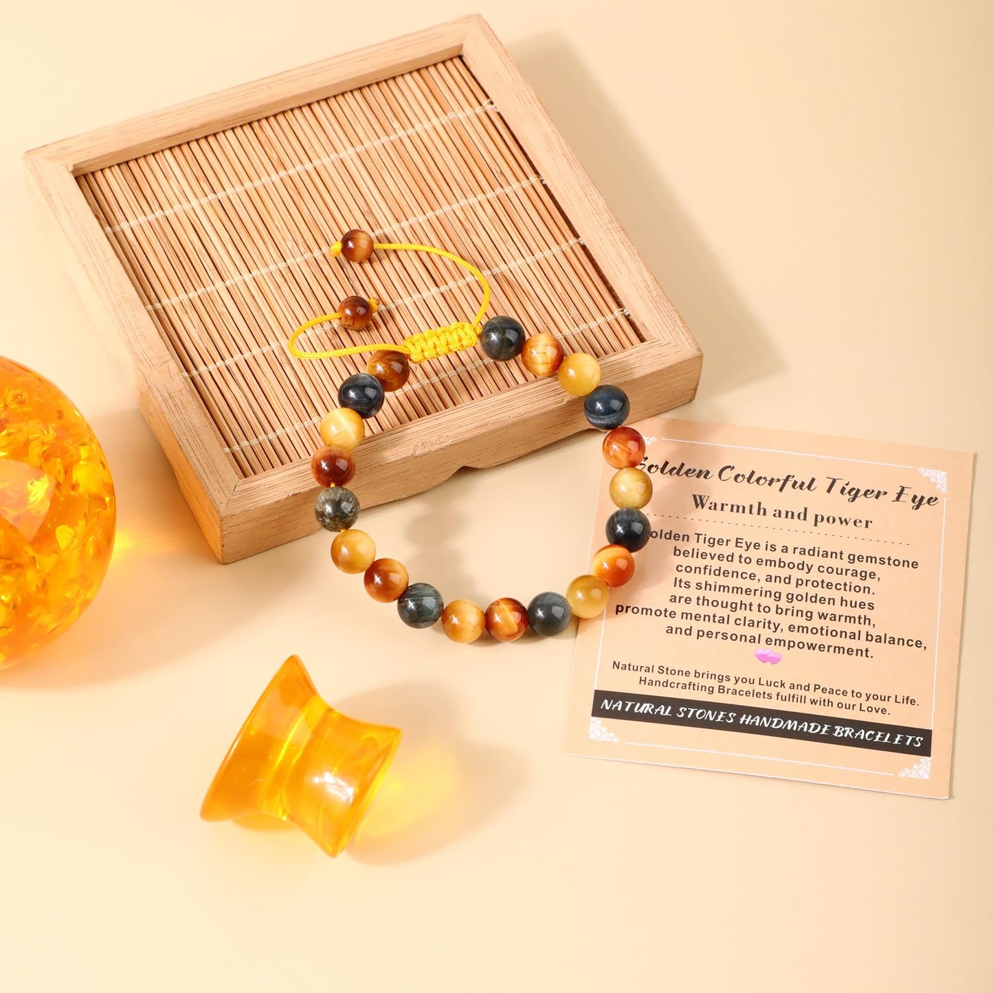 AD Beads 8mm Golden Colorful Tiger Eye - Warmth and power - Handmade Natural Stone Crystal Bracelet with Adjustable Macrame String - Yoga Healing Power Energy Gifts for Men and Women