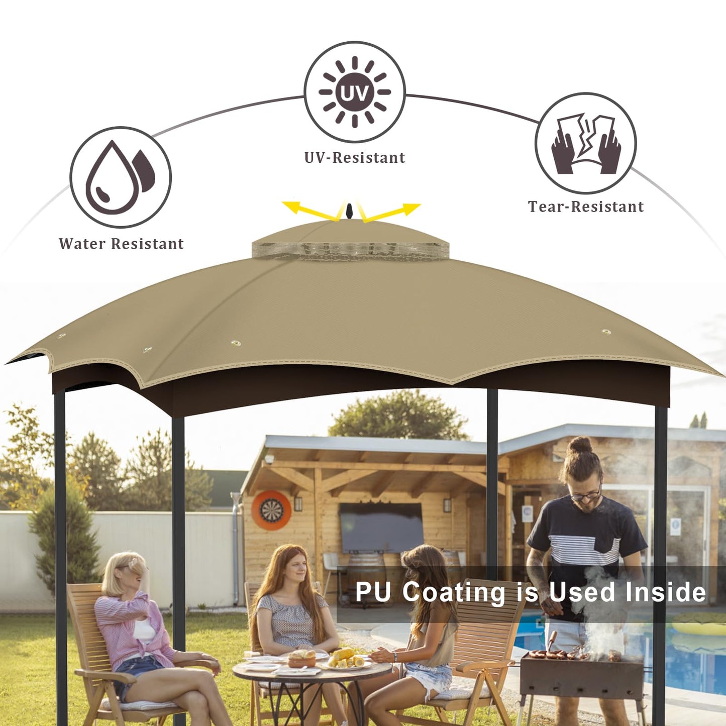 10x12 Replacement Gazebo Canopy Top Cover, Double Tiered Waterproof Canopy Roof for Lowe's Allen Roth Gazebo #GF-12S004B-1 (Khaki)