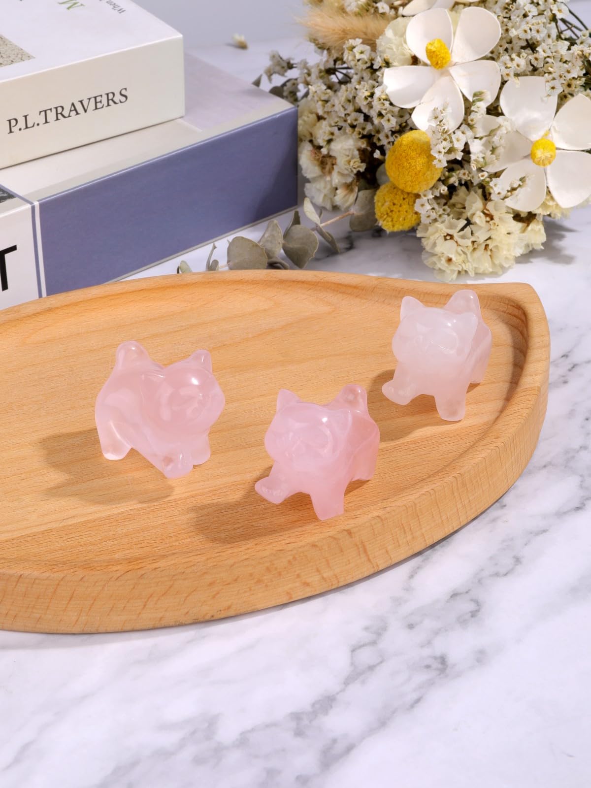 Top Plaza 1 PC Rose Quartz Crystal Cute Cat Figurine Gifts Carved Healing Lucky Home Decor Natural Gemstone Cats Collectibles Pocket Sculpture for Cat Lovers
