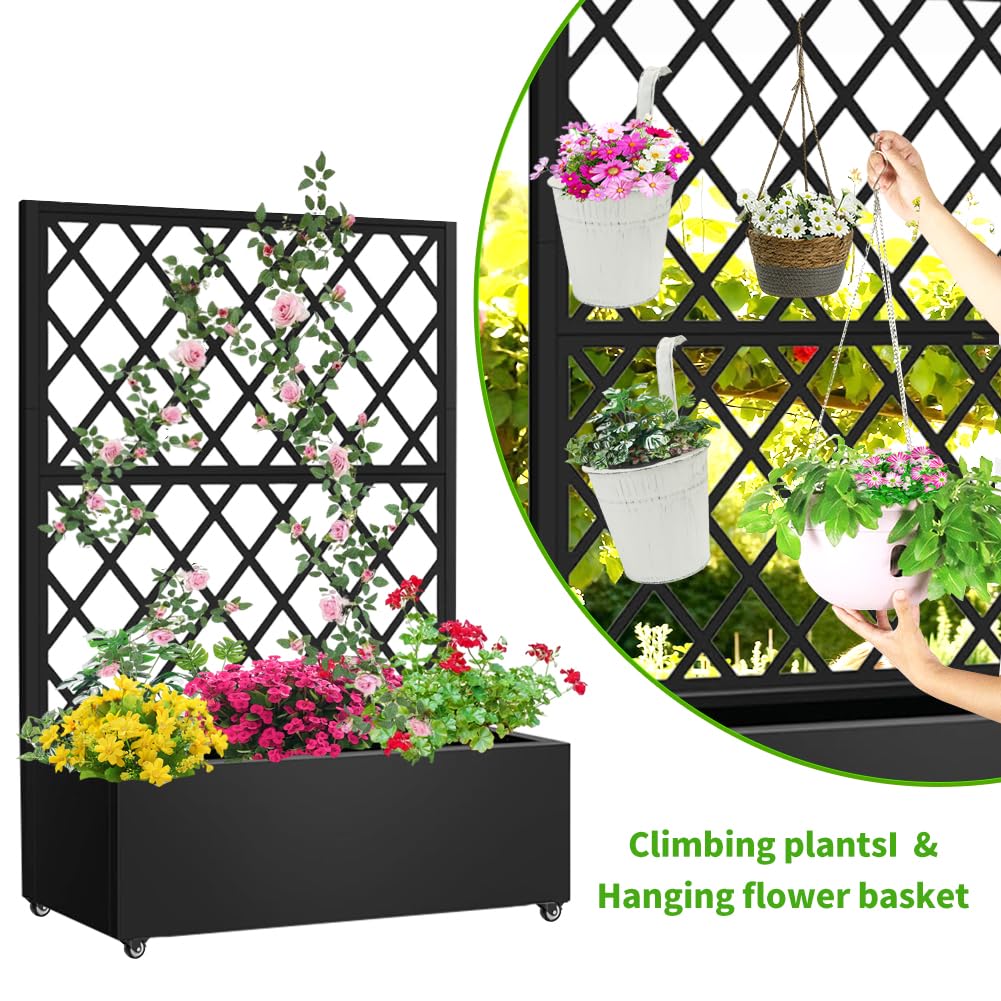 Metal Planter Box with Privacy Screen Trellis,Galvanized Raised Garden Bed On Wheels for Climbing Plants Vines, Standing Garden Flower Bed with Drainage Holes (Black, 35" L x16 W x 55" H)