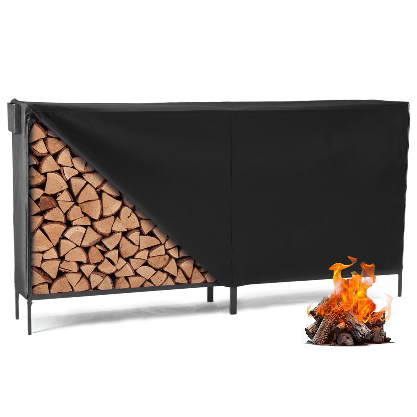 DUMOS 8FT Heavy Duty Firewood Storage Rack, Firewood Storage Log Rack with Cover and Zipper, Indoor Outdoor Wood Racks for Fire Wood Holder, Black