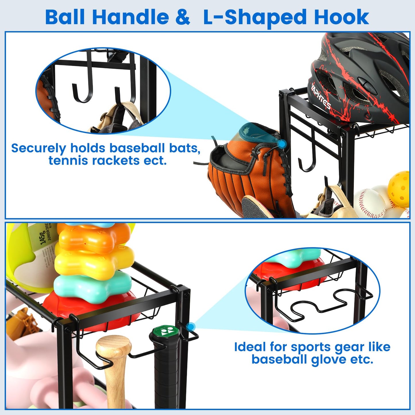 Kinghouse Sport Equipment Organizer for Garage, Steel Basketball Rack with Bat Holder and Hooks, Easy Assembly Storage for Balls, Kids' Toys, Workout Gear, Home Gym, Outdoor