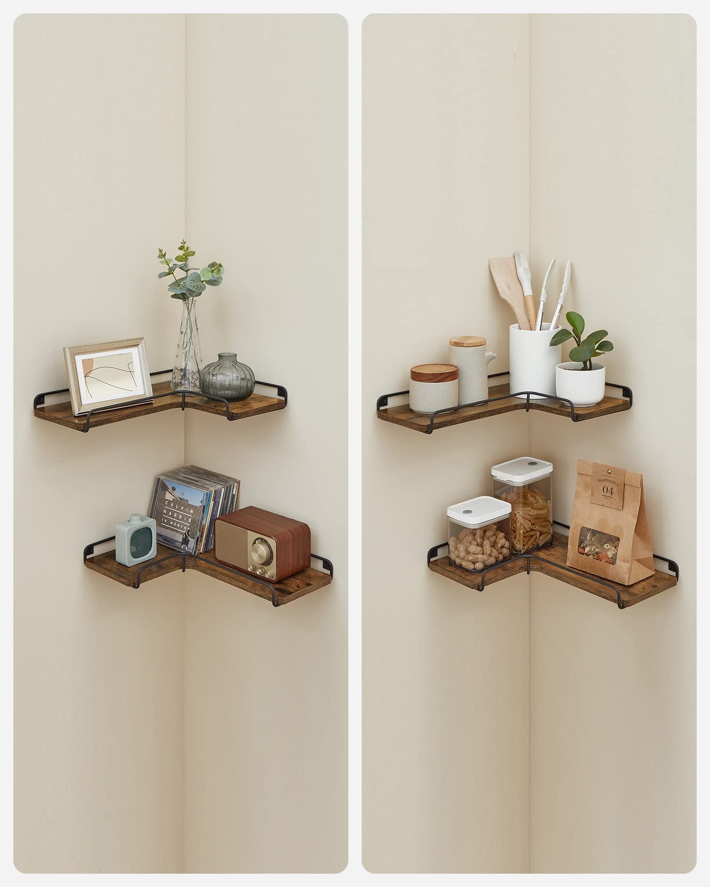 VASAGLE Corner Shelf Wall Mount Set of 2, Floating Shelves, Small Wall Shelf for Decor Storage, for Living Room Bedroom Kitchen Bathroom, Rustic Brown and Black ULLS831B01