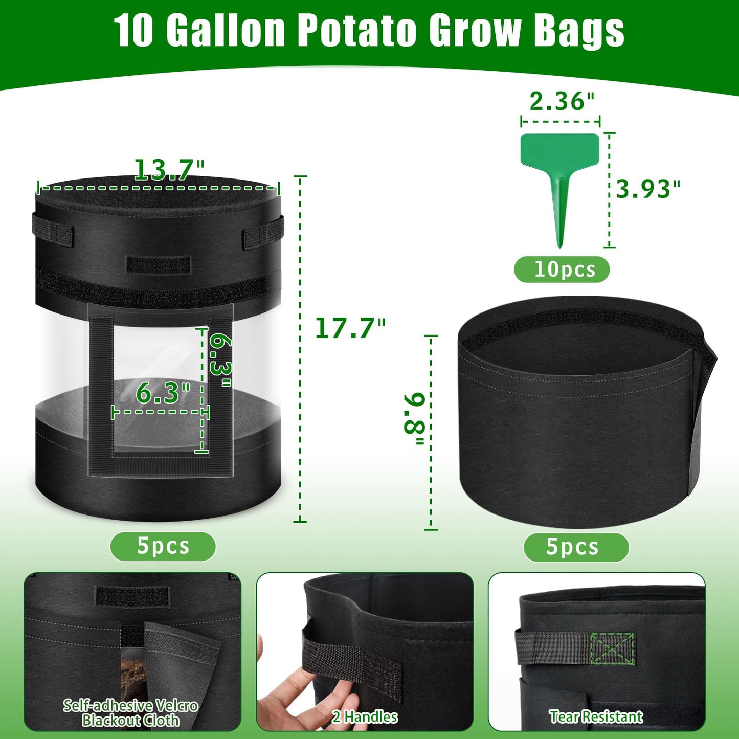 5 Pack 10 Gallon 360° Visible Potato Grow Bags with Shading Flap & Harvest Window – Heavy Duty 400g Non-Woven Fabric Potato Bags for Growing Potatoes with 10 Green Labels, Potato Growing Containers
