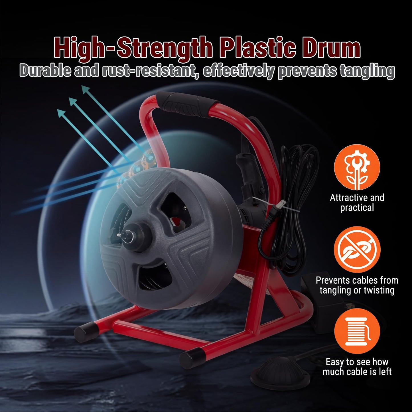 Holdwell S 50FT x 5/16 Inch Drain Cleaner Machine, Electric Drain Auger for 3/4"-3" Pipes, Enclosed Plastic Drum with 4 Cutters & Pneumatic Foot Switch, Sewer Snake Auger