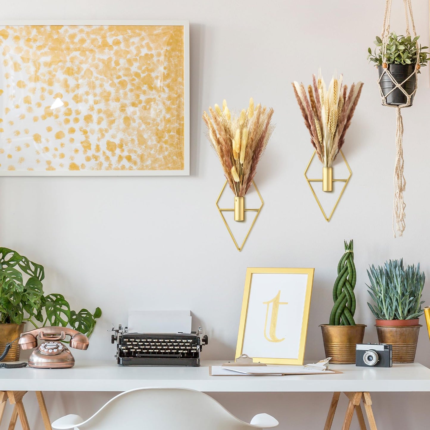 Peryiter 2 Pcs Small Boho Wall Decor Hanging Planters with Artificial Pampas Metal Wall Art Modern Home Decor Display Art for Bedroom Bathroom Living Room(Gold)