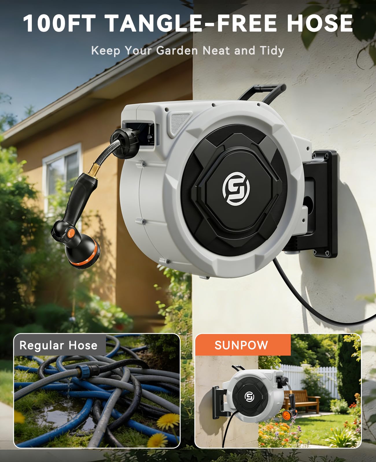 SUNPOW Retractable Garden Hose Reel - 5/8in x 100ft Heavy Duty Wall Mounted Hose Reel with 3/4in Brass Fitting & 10 Function Nozzle - Any Length Lock, Auto Rewind System, 180°Swivel Bracket - Gray