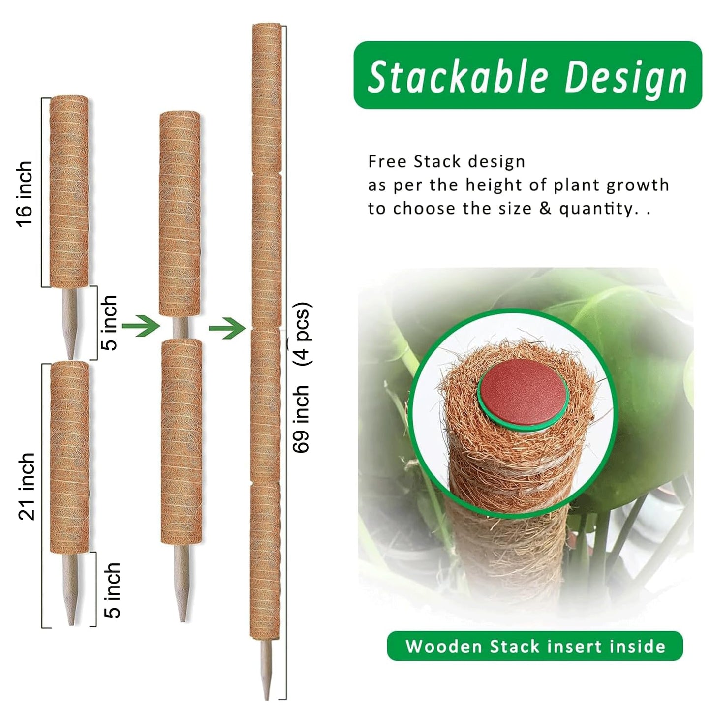 Moss Pole, 4Pack 21 Inch Plant Support Stakes for Indoor Plants, Monstera Plant Support Stakes, 69 Inch Tall Coir Plant Pole Sticks for Potted Plants, Pothos, Philodendron, Climbing Plants Accessories