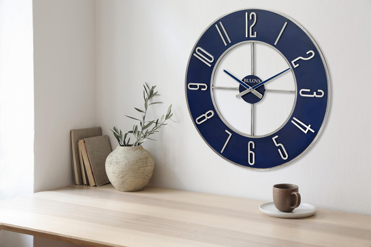 Bulova Blue Steel Oversize Wall Clock |Model C4809, 27" Diameter | Sleek Silver and Blue Finish | Contemporary Design | Battery Operated