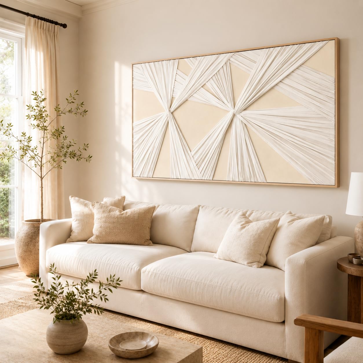 Artists' Handicraft, Extra Large Luxury 3D Fabric Neutral Textured Wall Art, Minimalist Abstract Boho Modern Long Beige Painting Wall Decor for Living Room Bedroom Hallway Office, Horizontal, 54x27 Inces