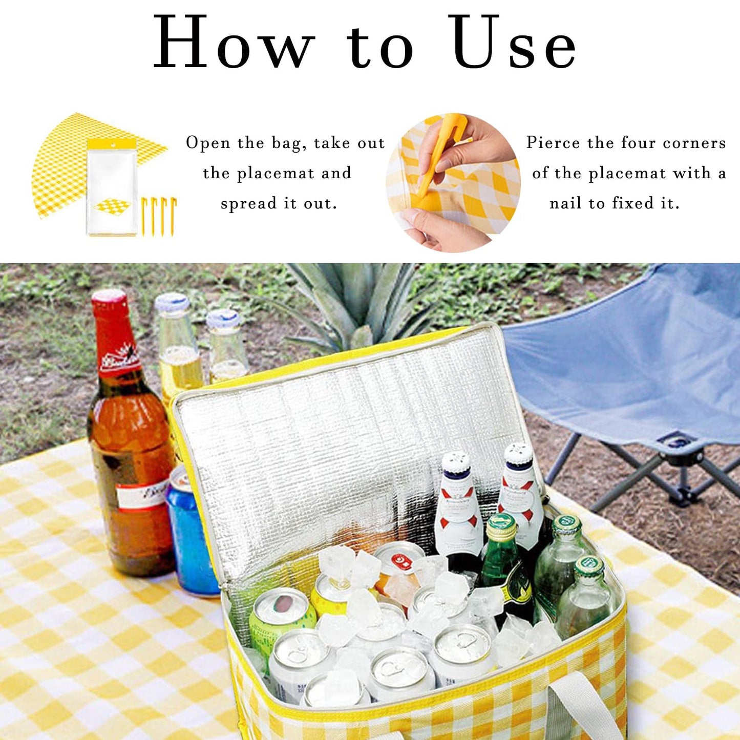 Insulated Picnic Bag with Leakproof Liner Foldable Reusable Cooler Basket Includes Disposable Picnic Mat Sturdy Handle Ideal for Outdoor Activities Travel Beach Camping (Yellow)