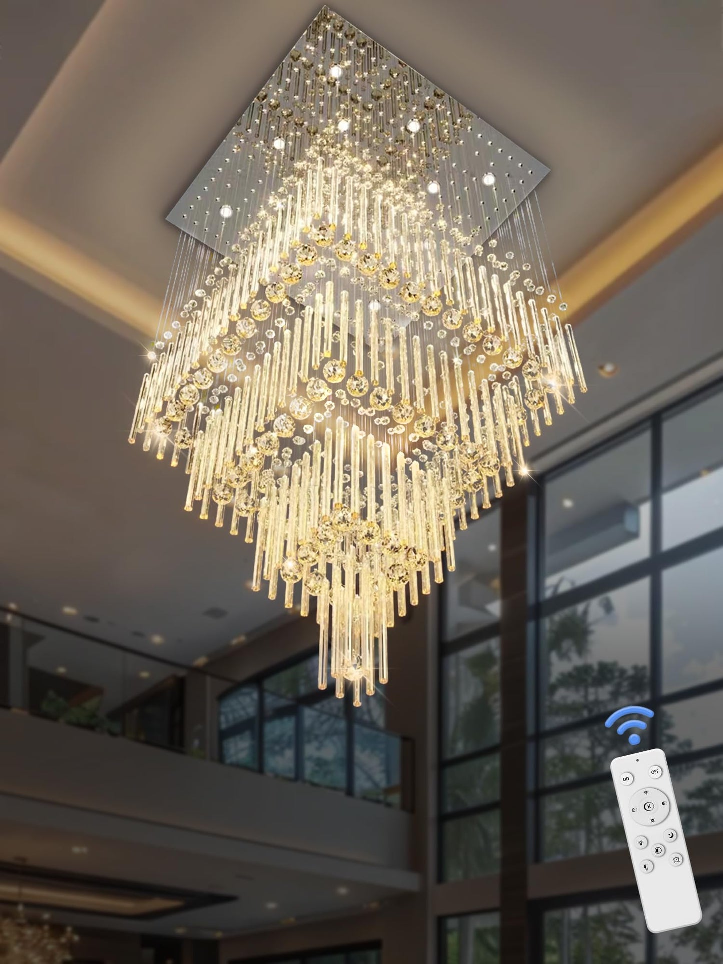 Flashing God D32''X H79'' Foyer Chandelier for High Ceilings,Square Crystal Raindrop Chandeliers,Large Chandelier for Entrance Foyer Villa,4 Tier Chandeliers