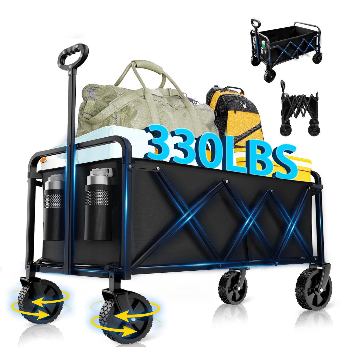 Collapsible Wagon with Wheels, 330 lbs Wagons Carts Foldable Wagon Cart, Carbon Steel Frame Structure, Lightweight Portable Folding Utility Grocery Shopping Cart for Grocery Sports Garden Camping