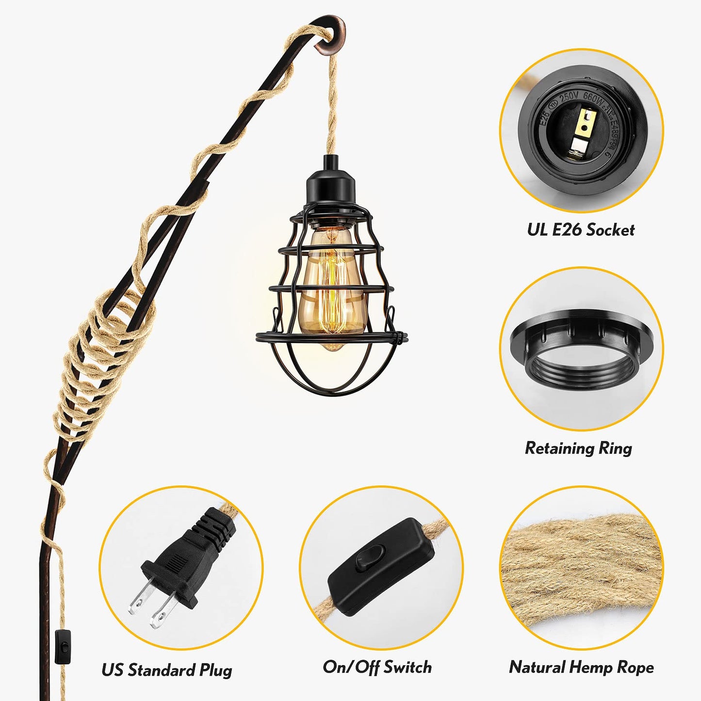 LYOOWNG Plug in Pendant Light Cord, Farmhouse Hanging Lights with Plug in Cord, 15FT Hemp Rope Plugin Hanging Light Cord Kit with On/Off Switch, E26 E27 Light SocketCord, Bulb NOT Included