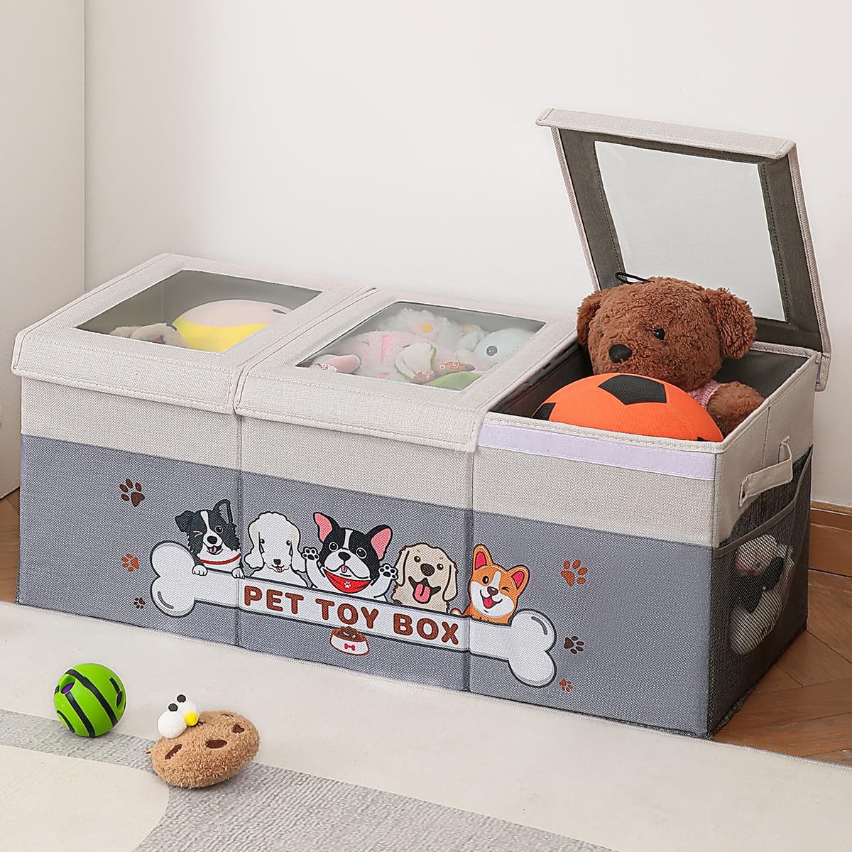 Garlloupath Dustproof Dog Toy Box With Transparent Lid, 3 Grids Dog Toy Bin, Extra Large Storage Holder Container, Foldable Chest
