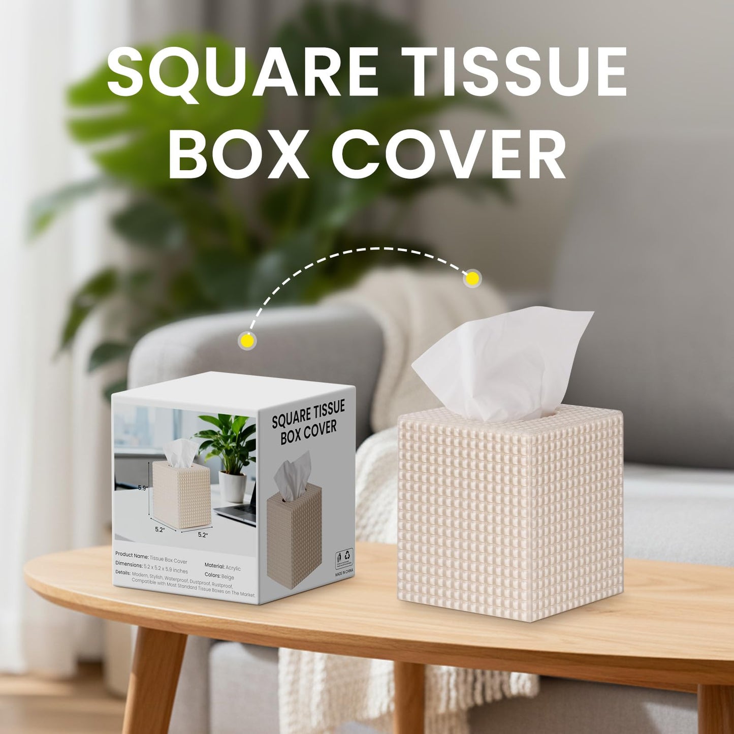 Tissue Box Cover, Square Modern Facial Acrylic Tissue Holder, Aesthetic Cube Napkin Dispenser Accessories for Bathroom Vanity Countertop, Night Stand, Office Beige