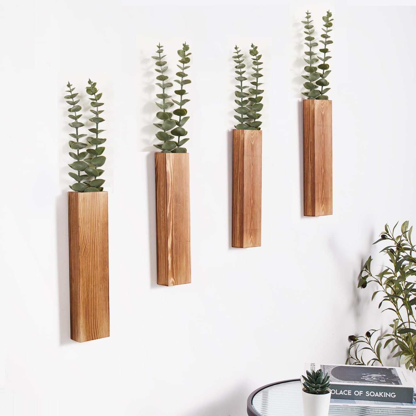 Mokof 4-Pack Wood Wall Planters with 8 Removable Faux Eucalyptus Stems - Modern Farmhouse Wall Decor for Living Room, Bedroom, Bathroom - Wooden Wall Vases and Fake Eucalyptus for Home Office Decor