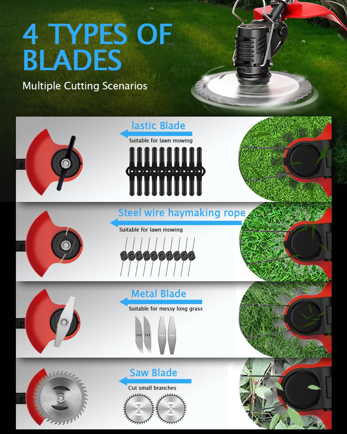 Electric Weed Wacker Cordless, 21V Electric Weed Cordless Eater Battery Powered with 2Pcs 4.0Ah Batteries, 4 in 1 Stringless Grass Trimmer/Edger/Brush Cutter for Lawn Yard Garden